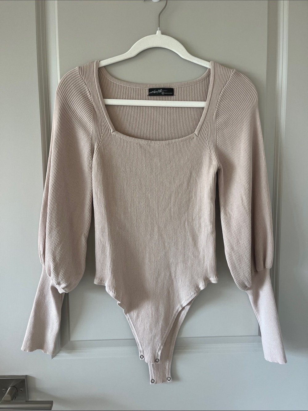 Ribbed Long Sleeve Square Neck Bodysuit - Cream